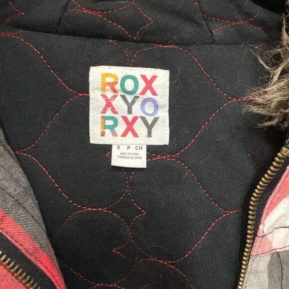 Roxy Red & Gray Plaid Bomber Jacket with Faux Fur Hood – Size S - Picture 6 of 10